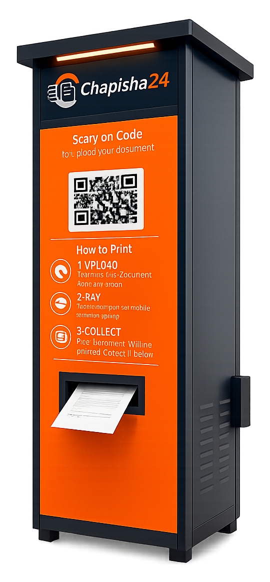 A Chapisha self-service printing kiosk with a QR code to upload documents and a printed page in the output slot