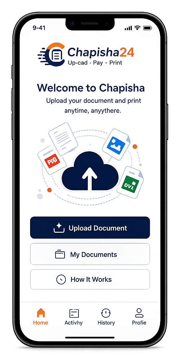 A phone showing the Chapisha welcome screen with an Upload Document button
