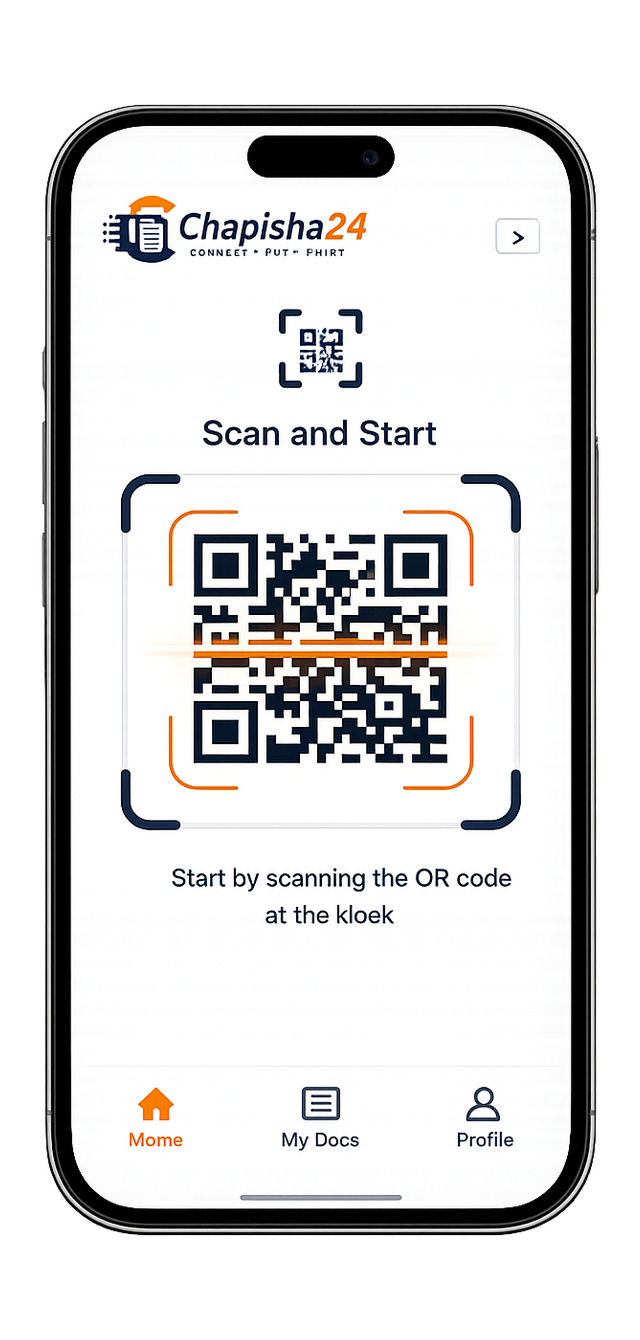 Scan and Start screen showing the QR scanner used at the kiosk