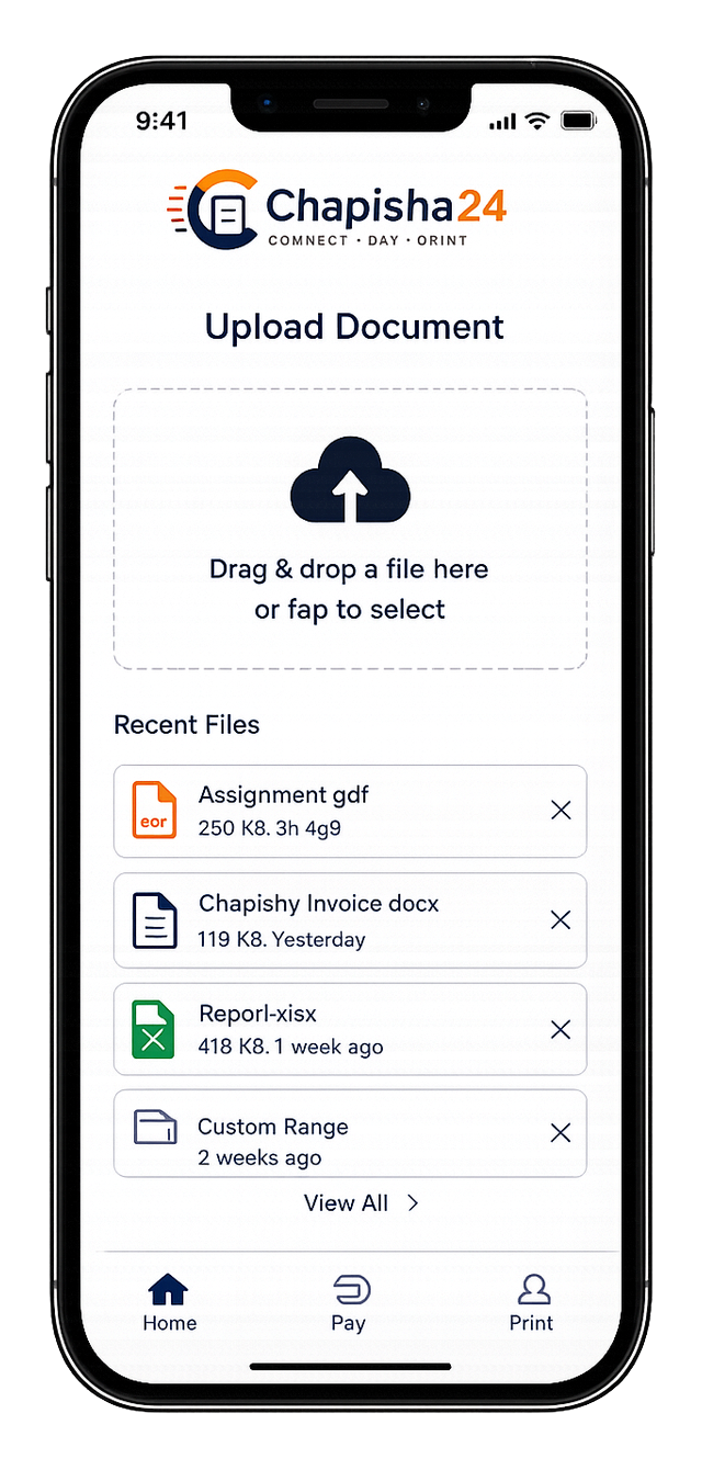 Upload Document screen with drag-and-drop file upload and recent files