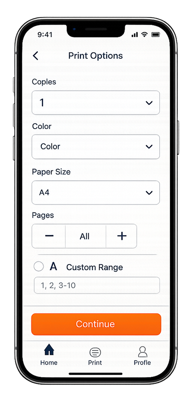 Print Options screen for copies, color, paper size and page range