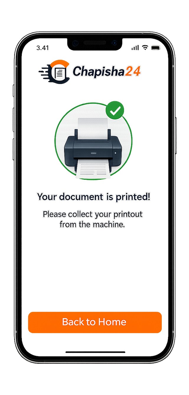 Printing screen confirming the document is printing and ready to collect
